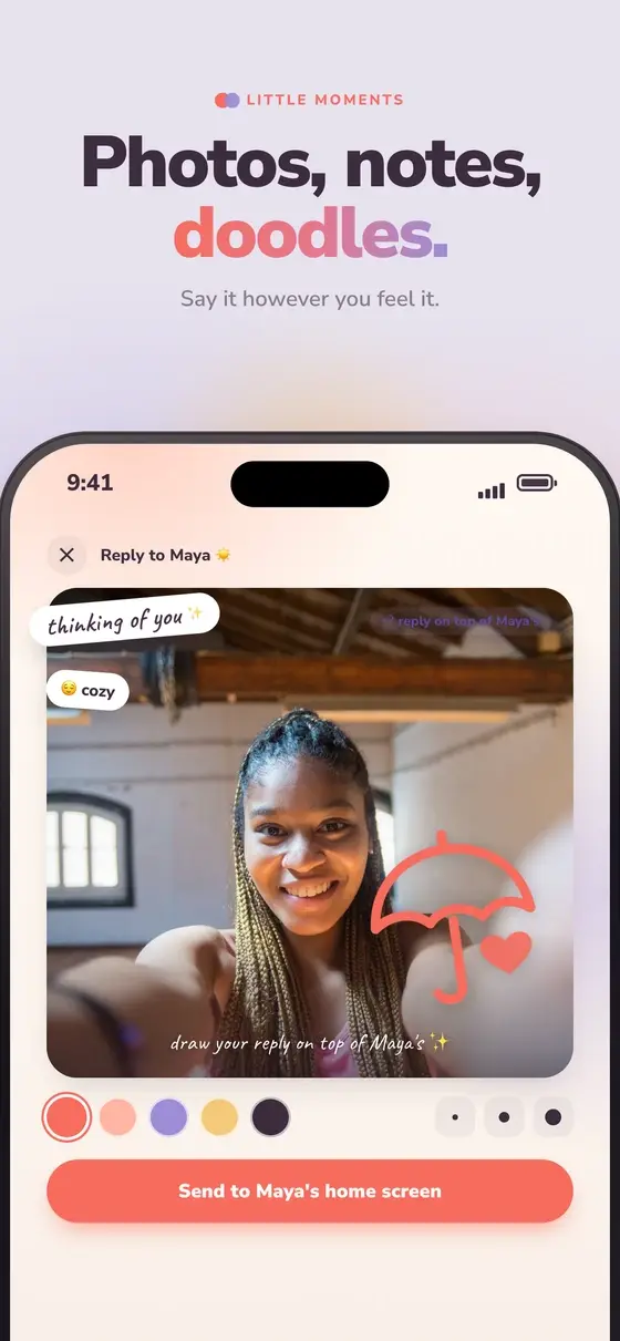 Dote reply screen: a photo from Maya with a hand-drawn umbrella on top, a cozy mood tag and a Send to Maya's home screen button