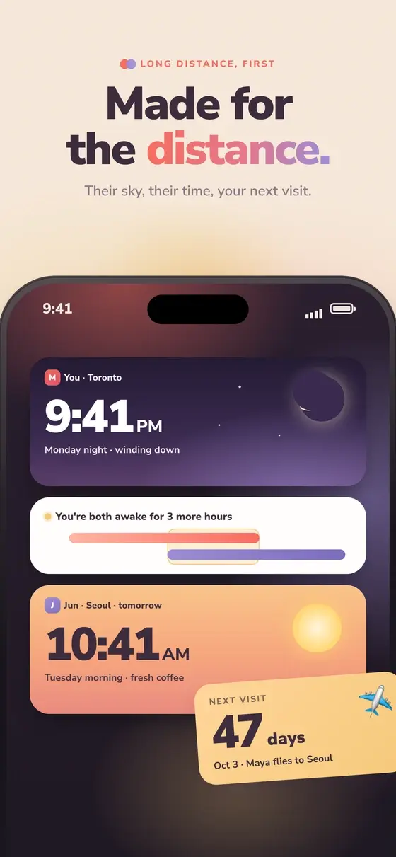 Dote showing two local times, Toronto 9:41 pm and Seoul 10:41 am, and 47 days until the next visit