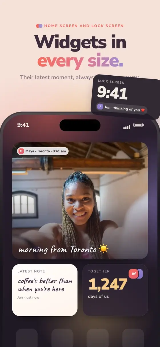 Dote widgets on a phone home screen and lock screen: a photo from Maya, a handwritten note and a 1,247 days together counter
